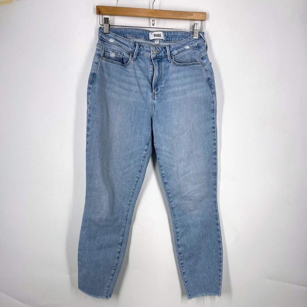 Paige Bombshell Sky Touch Distressed‎ Denim Jeans Light Wash Raw Hem Size 29